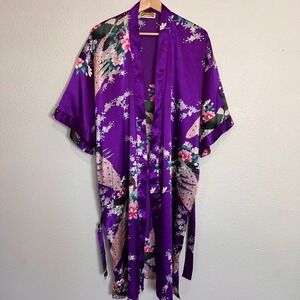 Oriental Village Silk Collection Purple Peacock Floral Kimono Robe